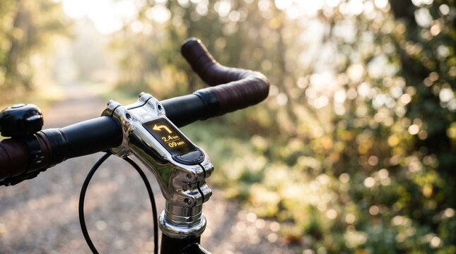 Bicycle handlebars and a cycling computer, bathed in soft morning light, set against a tranquil, blurred natural path, capturing the essence of an peaceful outdoor cycling adventure