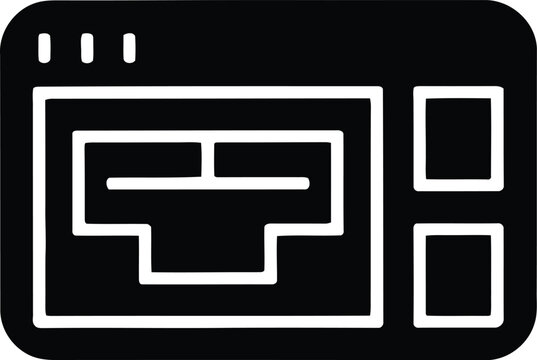 Simple black and white line representing a computer browser window interface with a central area and two side panels, isolated on a white background, digital user interface