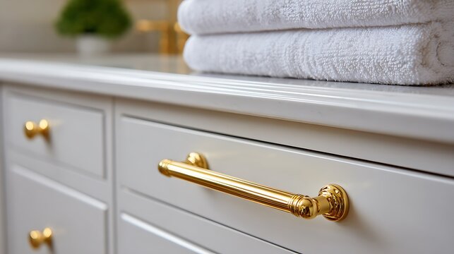 Modern bathroom vanity with white cabinets and gold hardware.