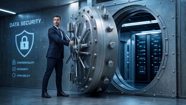 Businessman Opening Secure Bank Vault Door to Protect Digital Data Center and Information Security