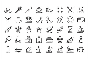 Naklejka premium Lifestyle and activity icons set, sports, travel, leisure and recreation symbols