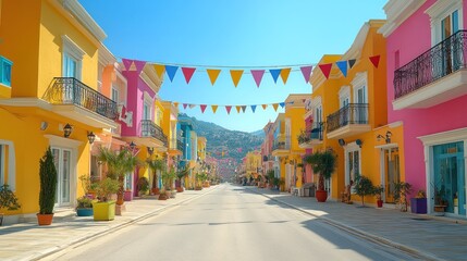 Naklejka premium Colorful vibrant city street with festive decorations