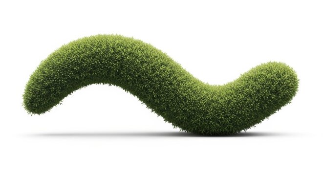Green grass worm shape, organic topiary caterpillar on white background, fuzzy moss texture abstract element for eco-friendly design