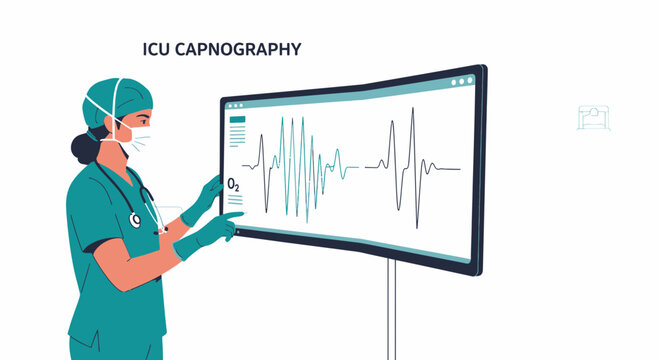 ICU Nurse Monitors Capnography Waveform on Curved Screen