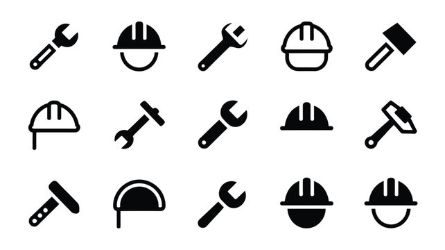 Collection of construction icons with hard hats and tools on white background for labor and industry themes