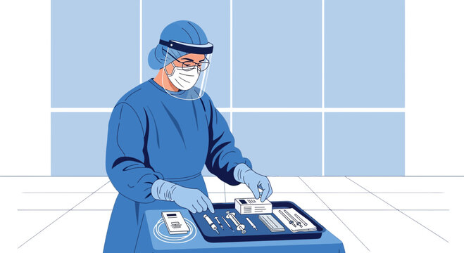 Healthcare worker in PPE prepares medical supplies for patient care in sterile environment