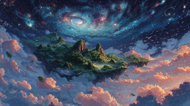 A vibrant floating island paradise in a cosmic sky