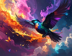 Fototapeta premium A colorful bird flies through a vibrant, swirling cloud of fire