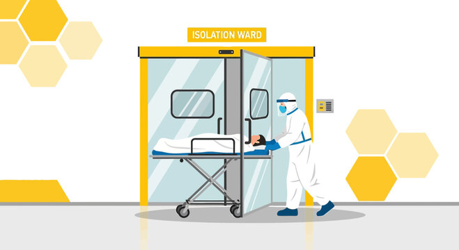 Healthcare worker in hazmat suit transfers patient on stretcher into isolation ward