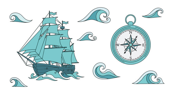 Vintage Sailboat with Navigation Compass.