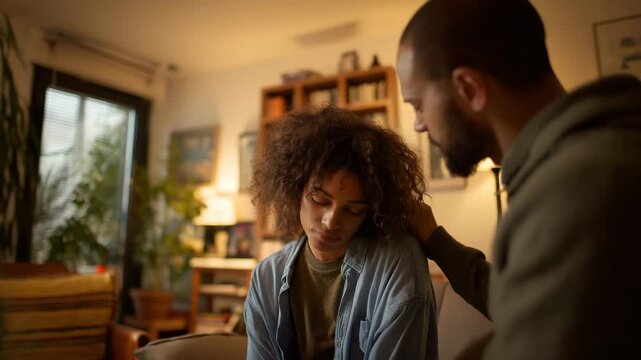 During a quiet, sad moment, a loving spouse tenderly consoles