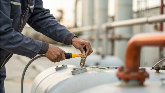 A worker in a denim jacket uses a screwdriver on industrial equipment, focusing on a metal component in a factory or plant setting.