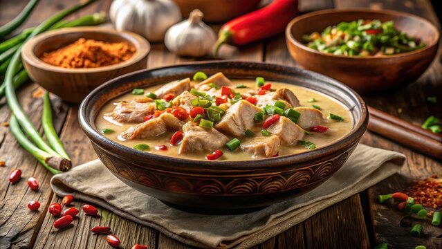 A photo of a steaming bowl of chicken mafe stew with a peanut coconut sauce drizzled on top The dish is garnished with green onions and chili flakes
