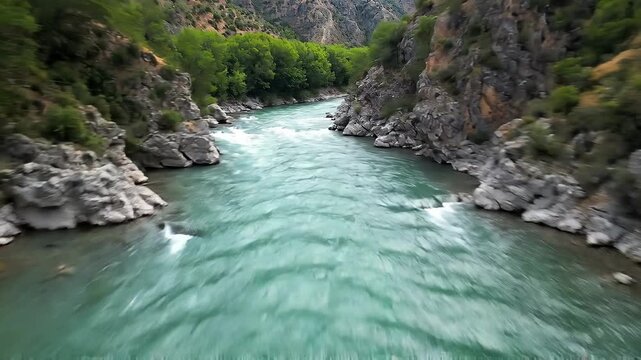 Turquoise mountain river rushes through narrow rocky canyon lined with lush green trees, its churning rapids and swirling currents carving a winding path between steep cliffs under daylight