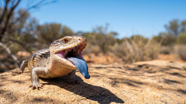 Defensive threat display of an Australian Blue-tongued Skink with mouth open and vibrant blue tongue extended in the outback