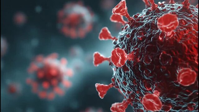 A detailed microscopic view showcases the intricate structure of a coronavirus, highlighting its spiky surface against a blurred dark background.