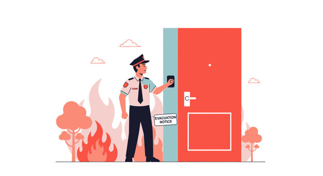 Firefighter knocks on door with evacuation notice during fire, safety concept