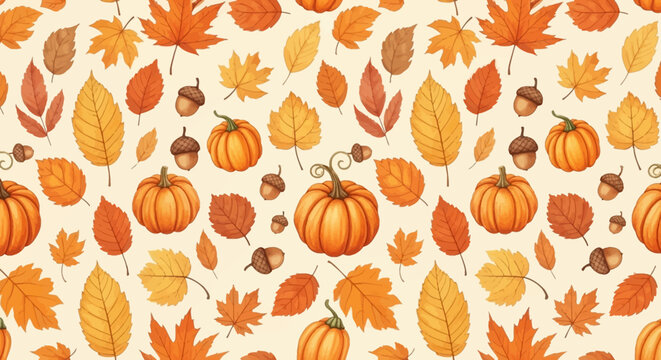 Autumn seamless pattern with pumpkins leaves acorns