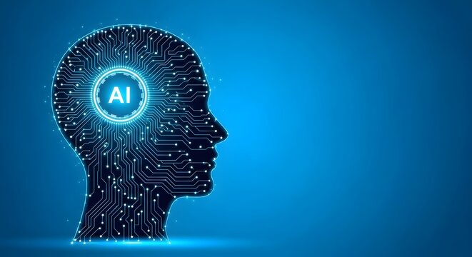 Blue circuit board human head with ai symbol in brain technology concept