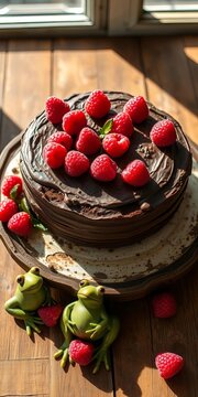 Artfully distressed chocolate raspberry cake, vintage charm, atop rustic table with whimsical froggy friends ,  delightful,  vintage