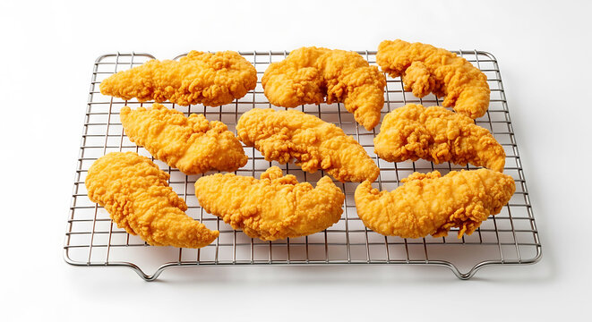 Golden fried chicken pieces cooling on wire rack surface