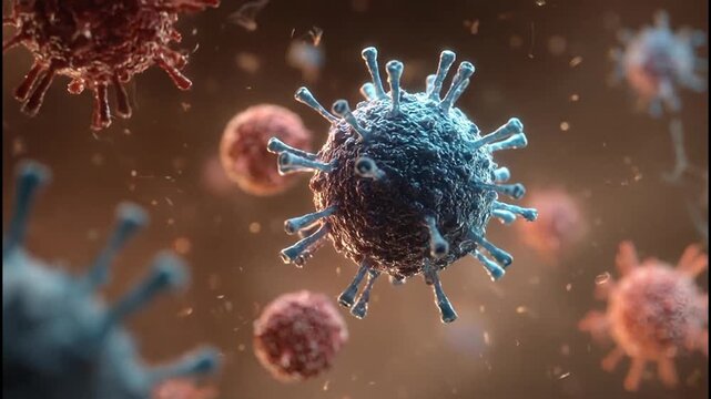 A detailed rendering depicts several virus particles with spiky exteriors against a blurred, warm-toned background.