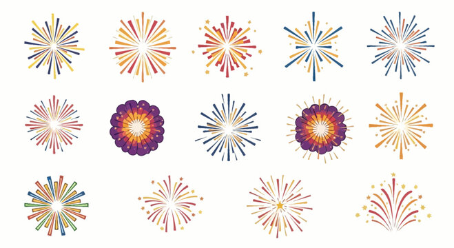 Colorful Firework Bursts Collection, Festive Celebration Starbursts Vector Set