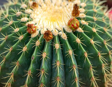 A close-up of a vibrant green cactus with sharp spines and buds