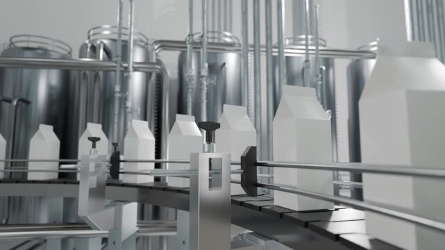 Automated milk production line in dairy factory. White milk cartons moving on conveyor belt with industrial stainless steel tanks and machinery background. Concept of beverage processing and packaging