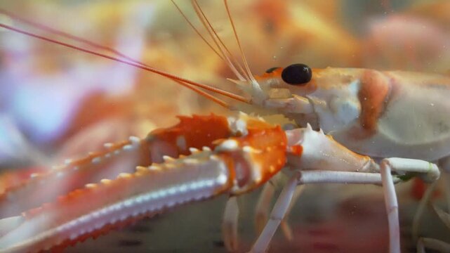 Extreme Macro Close-up of a Live Freshwater Crayfish : An intense, high-definition macro shot focusing on a live freshwater crayfish. The footage highlights the intricate textures of its armored shell