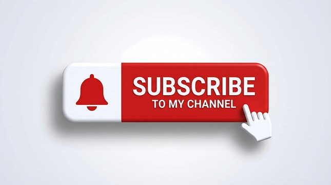 Three dimensional rendered graphic design button displaying subscribe to my channel text with notification bell icon and computer cursor pointing at the red button.