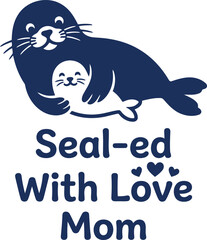 Obraz premium Cute cartoon seal and baby illustration with loving mom theme design