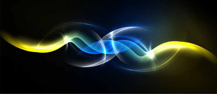 Abstract energy waves, vibrant yellow, blue hues. Dynamic curves intersect, creating luminous focal points against dark backdrop.