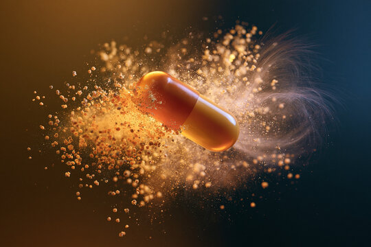 Abstract medicine scene with capsule dissolving into particles, representing therapy, science and modern pharmaceutical development.