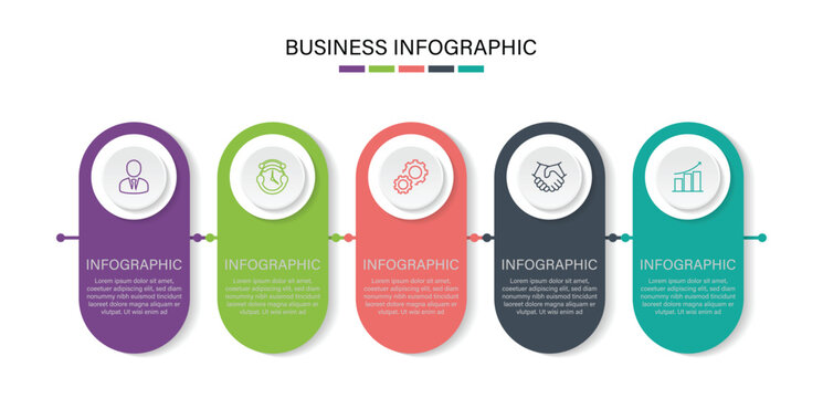 Steps business data visualization timeline process infographic template design with icons. Vector Infographic design business template with icons and 5 options or steps. Vector illustrator.