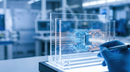 Fototapeta na wymiar R&D Engineer, Transparent acrylic layers with electronic circuit design in laboratory setting