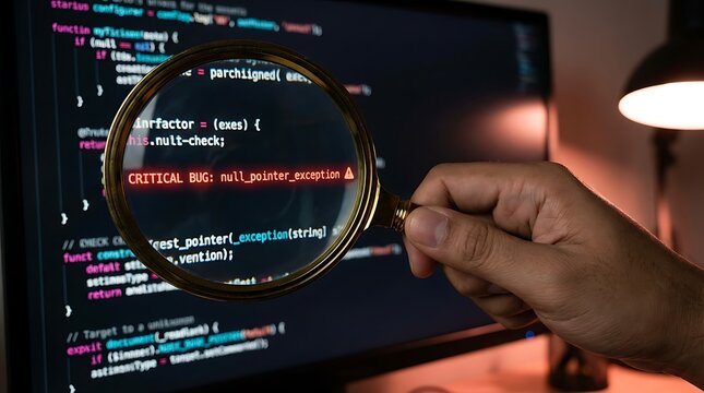 Programmer magnifying critical null pointer exception error in software code displayed on computer monitor in dark office.