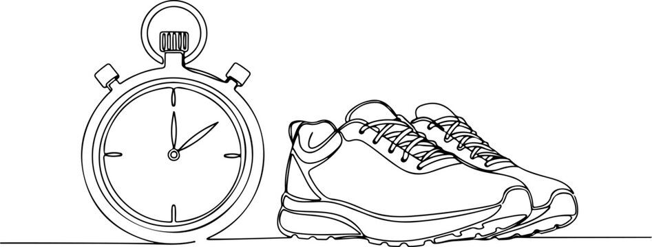 Continuous one line of a stopwatch and running shoes training hobby, style hand drawing vector illustration.