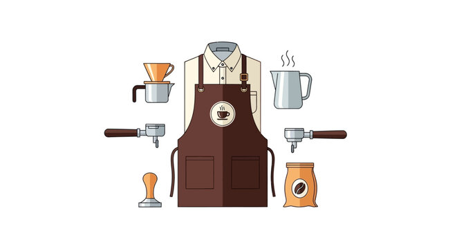Brown apron with coffee tools.