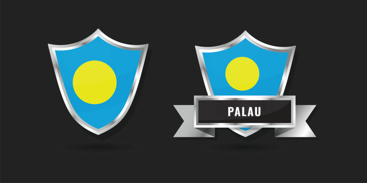 Professional 3D metallic shield and ribbon featuring the national flag of Palau. High-quality silver emblem for Palauan branding, Pacific island icons, and patriotic identity graphics.
