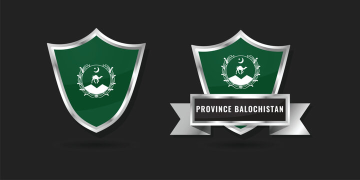 Province Balochistan Flag Shield and Ribbon Badge - Realistic Metallic Balochi Emblem Vector