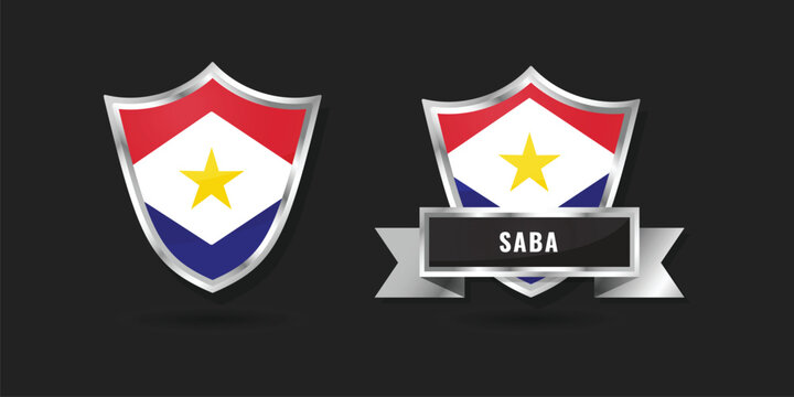 3D metallic shield and ribbon featuring the flag of Saba. High-quality silver emblem designed for Saban branding, Dutch Caribbean travel icons, and regional identity.