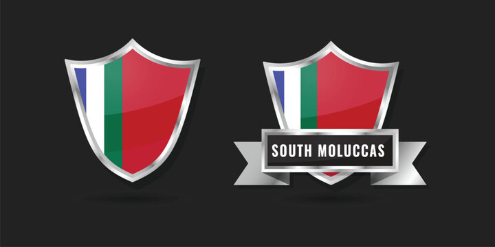 Glossy silver shield icons featuring the flag of South Moluccas (RMS). Includes a separate version with a metallic nameplate ribbon. Vector graphics for historical and regional use.