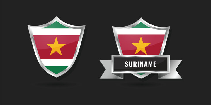 Suriname Flag Shield Emblem with Silver Ribbon Banner - Surinamese National Symbol Vector Icon Set