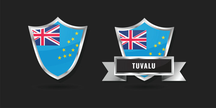 Tuvalu Flag Shield and Silver Ribbon Banner Vector - Tuvaluan National Symbol Icon Set