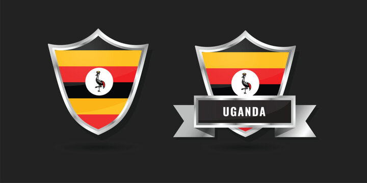 Glossy silver shield icons featuring the national flag of Uganda. Professional vector badge set for Ugandan national symbols and identity for travel and geography.
