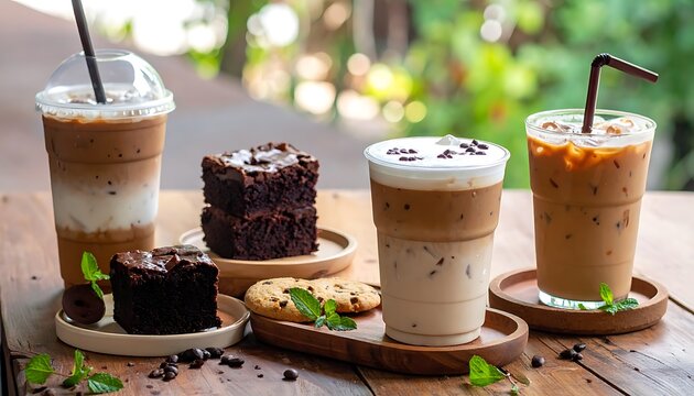 A wooden table with iced coffee drinks and brownies on coasters