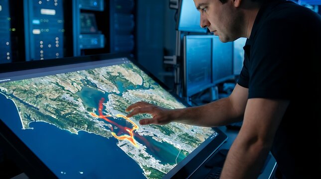 Man analyzing complex data on a large interactive touch screen displaying a city map with heat map overlay in a dark server room environment showing advanced technology and monitoring systems.