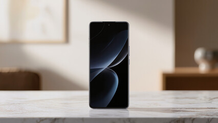 ​Smartphone displays abstract dark wavy wallpaper. ​Device stands on white marble surface. ​Minimalist interior with soft blurred background. ​Vertical composition with centered mobile device. © Creative 