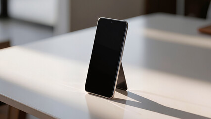 Smartphone stands upright on white table. ​Modern device with glossy black screen. ​Soft sunlight creates long sharp shadows. ​Minimalist electronics in a bright workspace. ​Elegant silver frame  © Creative 